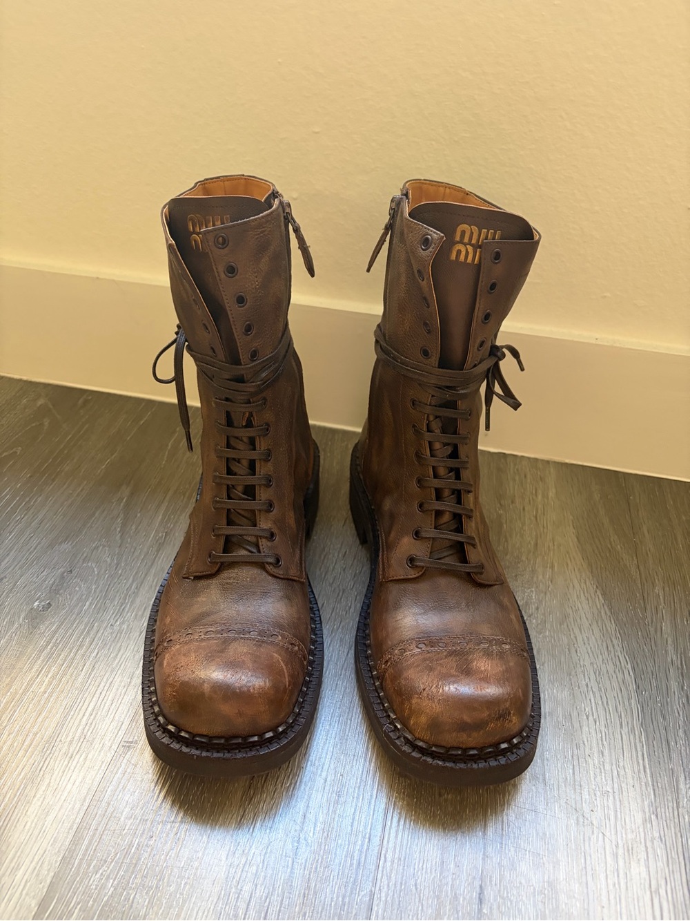 Miu Miu Distressed Brown Leather Combat Boots